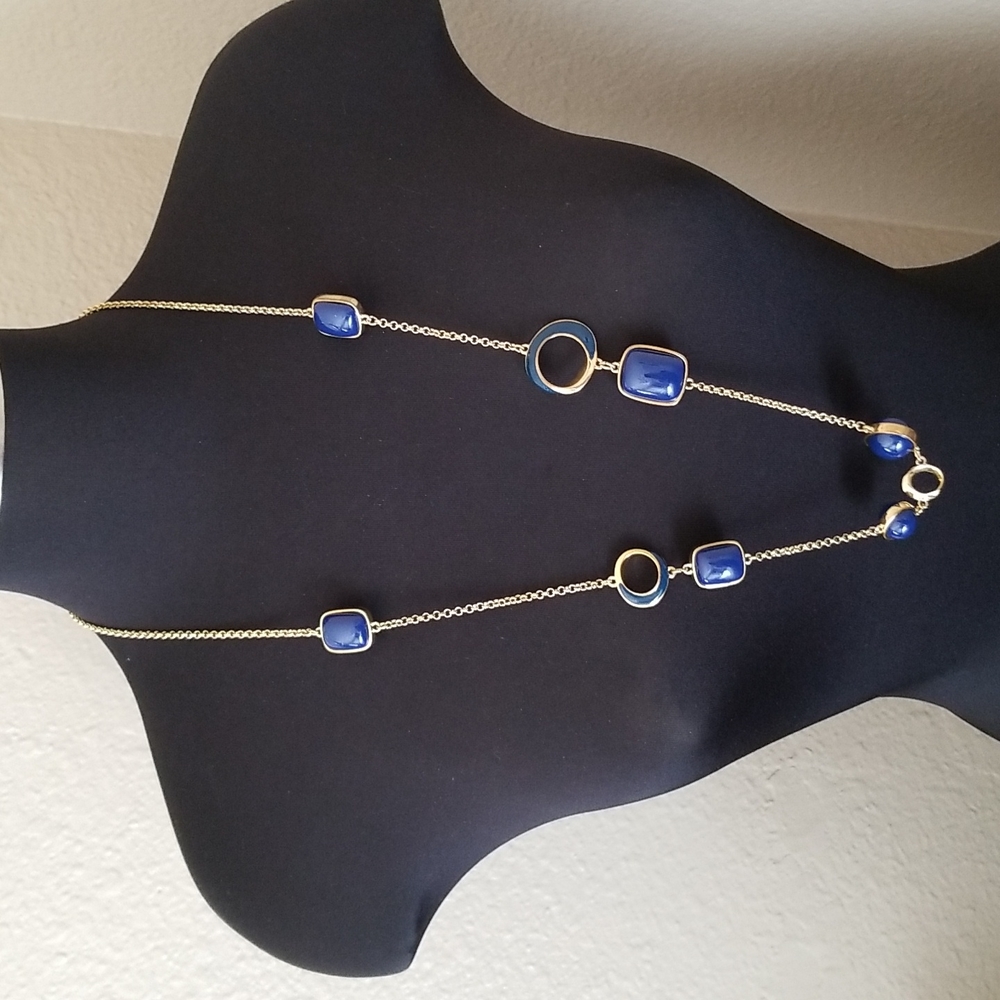 Gold Blue Faceted Geometric Beaded Necklace